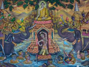 마라의 악마들로부터 부처를 구하는 프리티비를 그린 태국 그림