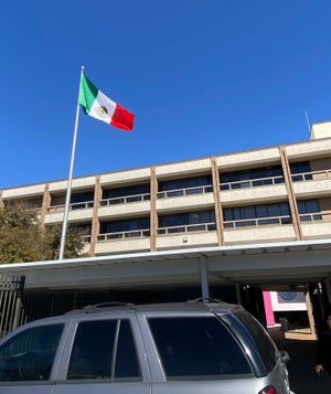 멕시코 총영사관이 있는 휴스턴 상공에서 펄럭이는 깃발