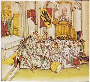 전투 전 베른 군대의 기도. 루돌프 폰 에를라흐는 제단 옆에 무릎을 꿇고 자신의 문장을 보여주고 있다.