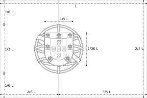 국기의 공식 치수가 표시된 설계도. 모든 치수는 길이(L)를 기준으로 한다.