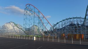 Twisted Colossus, 매직 마운틴의 가장 대표적이고 상징적인 롤러코스터 중 하나. Colossus는 Twisted Colossus로 다시 태어나기 위해 2014년에 운영이 중단되었다.