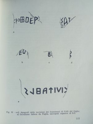 팔리스크어 알파벳으로 쓰인 티베르 계곡의 포글리아의 팔리스크 비문.