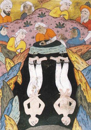 날개와 머리카락 없이 우물에 매달려 처벌받는 천사 하루트와 마루트