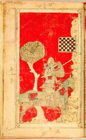 14세기 네덜란드 필사본 Roman van Walewein에서 체스판을 따라가는 "왈레웨인"