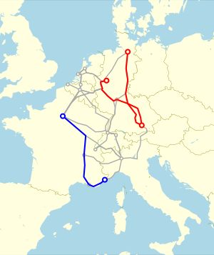 1965년 여름 서독(빨강) 및 프랑스(파랑)의 국내 TEE