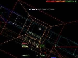 플레이어는 사이버 공간에서 와이어프레임 환경을 탐색한다. 캐릭터의 방어막은 오른쪽 상단에 표시되고, 무기와 능력은 하단에 나열된다.
