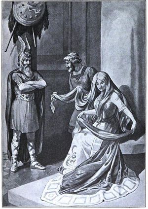 로키가 드워프들이 짠 금으로 만든 대체 머리카락을 시프와 토르에게 선보인다.