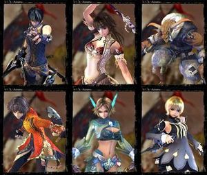 마그나카르타 2의 주요 등장인물. 위쪽 줄: 쥬토(왼쪽), 제피, 아르고. 아래쪽 줄: 크로셀, 셀레스틴, 루.