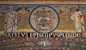 산타 마리아 마조레 모자이크, 식스토 3세의 이름(Xystus Episcopus Plebi Dei, "하느님의 백성을 위한 주교 식스토")가 적혀있다.