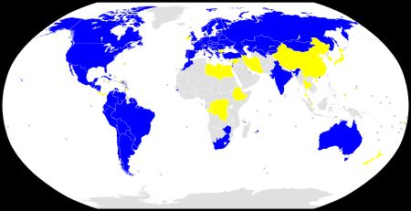 제19회 마카비아 경기 대회(2013년)에 참가한 국가(파란색), 과거 참가국(노란색).