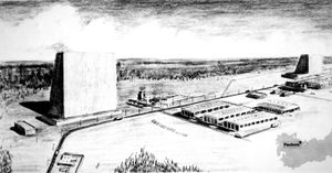 게벨레에 배치된 것과 유사한 다리알형(페초라) 이중 편파 위상 배열 탄도 미사일 조기 경보 레이더의 1984년 예술가 그림.