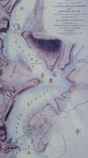 허드슨 강에 위치한 포트 인디펜던스. 1777년 10월 6일 영국 총사령관 헨리 클린턴 경의 전투 지도를 개선하고 출판한 버전에 묘사되어 있다.