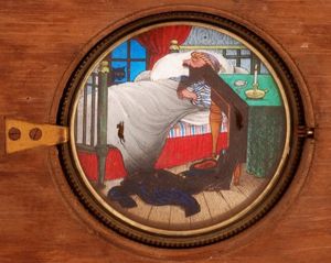 1870년경의 인기 있는 기계식 슬라이드에서 생쥐가 잠자는 수염 난 남자의 입으로 뛰어드는 모습