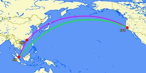 샌프란시스코에서 싱가포르까지의 "논스톱" 비행(녹색)과 "직항" 비행(보라색)의 그림