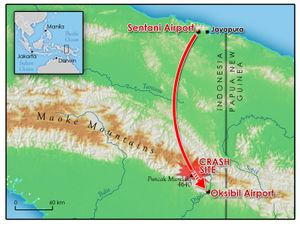 파푸아의 추락 지점을 보여주는 지도