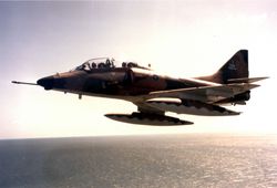 말레이시아 공군의 복좌형 TA-4PTM 스카이호크. TA-4F/J와 마찬가지로, 앞뒤 좌석 일체형 캐노피를 장착하고 있다