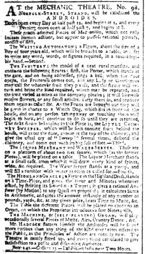 인간과 같은 기계 장치를 묘사하는 데 사용된 "안드로이드"라는 용어의 초기 사례, 런던 타임스, 1795년 12월 22일