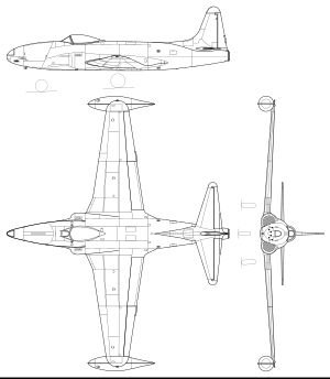 록히드 F-80C 슈팅스타의 3면 실루엣 도면