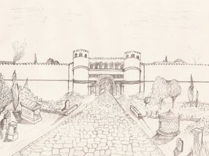 초기 로마 제국 시대의 발렌티아 도시 남쪽 관문의 복원도.