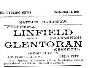 1894년 9월 14일 금요일, 얼스터 풋볼 앤 사이클링 뉴스에 게재된 전 아이리쉬 리그 챔피언 린필드 FC와 최근 챔피언인 글렌토런의 경기에 대한 광고
