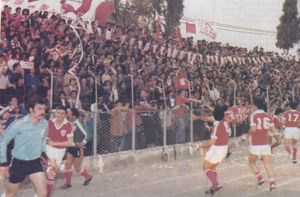 네아 살라미나 파마구스타 FC의 팬들과 선수들이 키프로스 세컨드 디비전 1979–1980 우승을 기념하며 GSZ 스타디움에서 축하하고 있다.