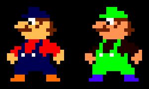 1983년에 출시된 아케이드 버전 마리오 브라더스에서 마리오(왼쪽)의 색상 변경으로 루이지(오른쪽)가 처음 등장했다.