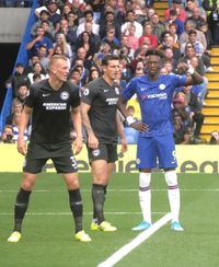 2019년 첼시와의 경기에서 브라이튼 & 호브 알비온에서 뛰는 번(왼쪽)