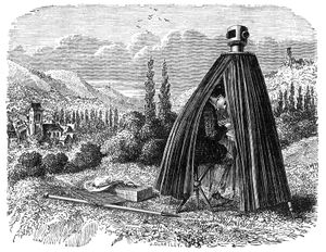 1858년 물리학 서적의 삽화에 등장하는 '카메라 옵스쿠라' 드로잉 보조 텐트