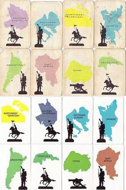 1963년 영국판 8장의 '영토 카드'와 1980년 영국판 동일 카드. 후자는 더 정확한 지도였고(북부 '우크라이나'와 그리스를 '남유럽'에 포함하는 것이 더 정확함), 카드는 더 높은 품질의 재료로 만들어졌다.