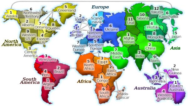 다양한 영토, 그 경계에 대한 근사치, 그리고 일반적인 색상을 보여주는 리스크(Risk) 게임 보드의 표현, 별표는 40주년 기념 수집가 에디션에서 누락된 링크를 나타냄.