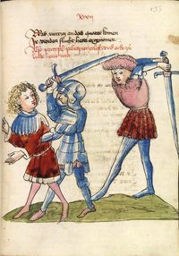 1440년대 장검의 한 손 및 양손 사용법 삽화. 한 손으로 사용되는 검은 더 짧게 그려졌으며, 큰 기사 검으로도 의도되었을 수 있다.