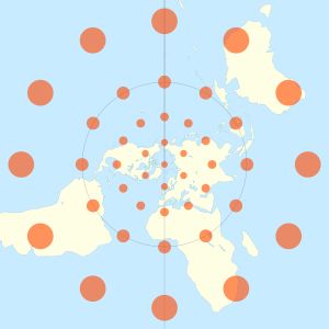 티쏘의 변형 지표가 적용된 입체 투영도.