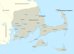 1602년 아쿠쉬넷 강에 대한 최초의 유럽 탐험과 1652년 올드 다트머스 설립 사이의 1620년경 왐파노아그 족의 영토