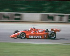 A. J. 포이트가 1984년 포코노에서 마치/코스워스를 몰고 있는 모습.