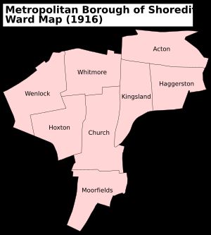 1916년의 쇼어디치 메트로폴리탄 자치구 구획을 보여주는 지도.