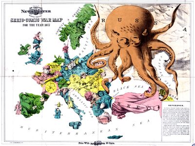 "러시아의 위협: 1877년의 진지하고 우스꽝스러운 전쟁 지도", 1877년 영국 만화로, 러시아를 오스만 제국을 특히 포함하여 인접한 땅을 집어삼키는 거대한 문어로 묘사