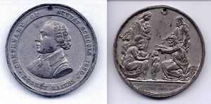 1880년 일요학교 백주년 기념 메달의 앞면과 뒷면.