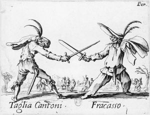 commedia dell'arte의 두 가면을 쓴 등장인물. 그들의 "lazzi"는 상당한 정도의 즉흥극을 포함했다.