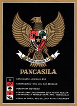 1987년경 포스터에 묘사된 가루다 판차실라. 판차실라의 각 조항이 상징 옆에 적혀 있다.