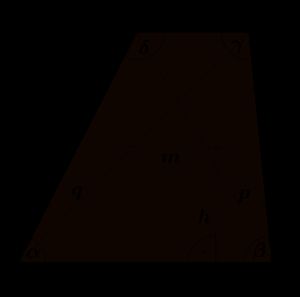 일반 사다리꼴:평행 변:  a,\, b  (단,  a) 다리:   c,\, d대각선:  q,\, p  중선:  m  높이:  h 