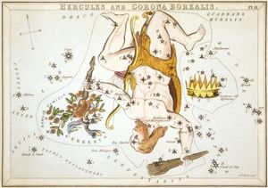 별자리 카드집 '우라니아의 거울'(1824년)에 그려진 헤라클레스자리 (중앙)와 북쪽왕관자리(오른쪽)