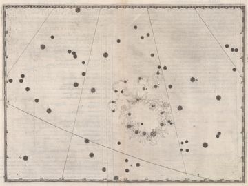 요한 바이어의 '우라노메트리아'(1603)에 그려진 북쪽왕관자리(Corona Borealis). 바이어는 왕관이 아닌 화환의 별자리 그림을 그리고 있다.