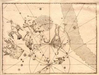 요한 바이어의 『우라노메트리아』(1661년판)에 그려진 남쪽 별자리. 중앙 하단에 "Picsis Volans"라는 이름으로 날개 달린 물고기 모습이 그려져 있다.