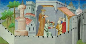 마르코 폴로의 여행기에 묘사된 26대 니자리 이스마일파 이맘 알라 알-딘 무함마드의 모습. (프랑스 국립 도서관)