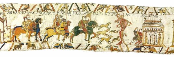 해럴드 고드윈슨(잉글랜드의 미래 국왕)이 1064년에 보샴으로 기사들과 함께 가서 그곳에서 출항하는 모습(바이에 태피스트리에 묘사).