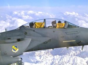 공군 F-15E 스트라이크 이글 조종사, 다니엘 수시치 대위가 아프가니스탄 상공에서 비행 중 테러블 타월을 보여주고 있다.