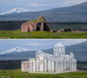 사도 교회 (1031–1215). 상단: 현재 폐허 (셀주크 가비트 왼쪽, 아르메니아 교회 폐허 오른쪽). 하단: 재건축.