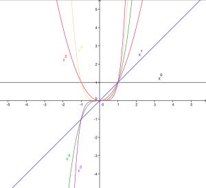지수가 각각 0 (검정), 1 (파랑), 2 (빨강), 3 (녹색), 4 (주황), 5 (보라)인 멱함수
