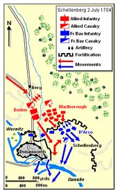 1704년 7월 2일의 셸렌베르크 강습. 말버러 공작의 군대가 두 번이나 프랑스-바이에른 군대를 공격했으나 격퇴되자, 우익에 있던 바덴의 군대가 좌측의 약한 방어선을 공격한다.