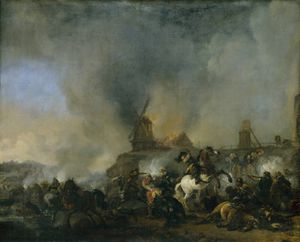 Cavalry in front of a burning mill, Philip Wouwerman